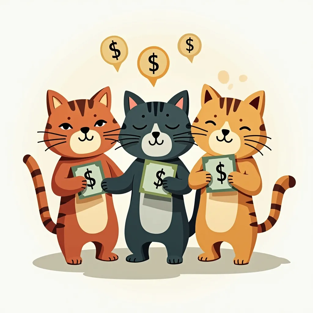 Prompt: a logo of three cats doing things about money and investment