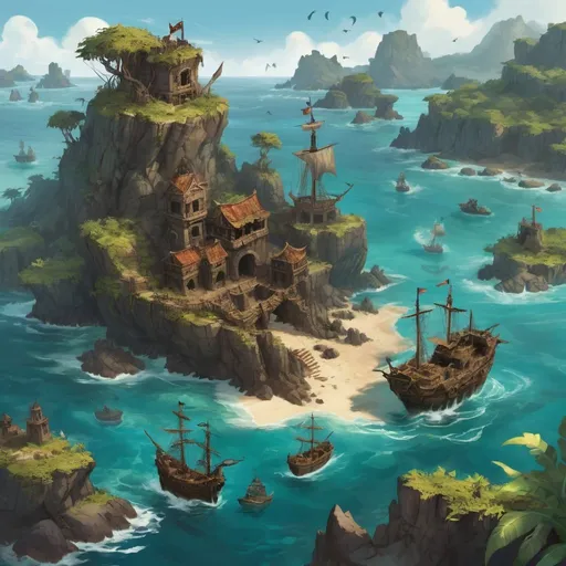 Prompt: The Shattered Isles: A scattered archipelago of rocky islands and treacherous seas. The Shattered Isles are a haven for pirates, smugglers, and other outcasts who make their homes in hidden coves and secret strongholds. Ancient ruins and buried treasure lie beneath the waves, waiting to be discovered by brave adventurers.


 

