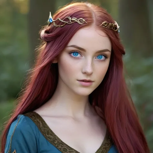 Prompt: She has long Dark Pink Red hair with some waves in it. She has central heterochromia eyes, with the outer iris being Cerulean blue, and the inner iris around the pupils being a gold color. She is 5’5” tall. She has a perfect figure. She has heart shape face and is half-elven
