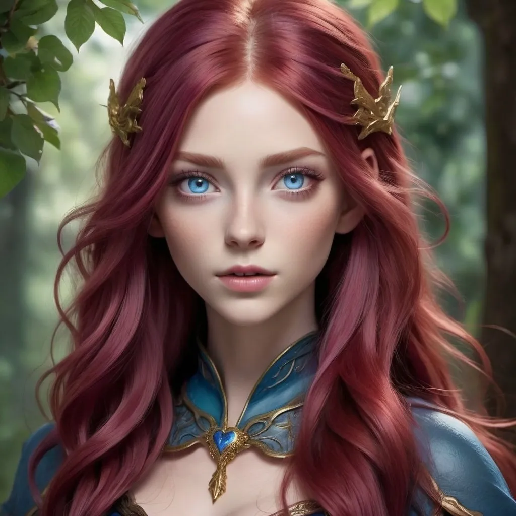 Prompt: She has long Dark Pink Red hair with some waves in it. She has central heterochromia eyes, with the outer iris being Cerulean blue, and the inner iris around the pupils being a gold color. She is 5’5” tall. She has a perfect figure. She has heart shaped face and is half-elven
