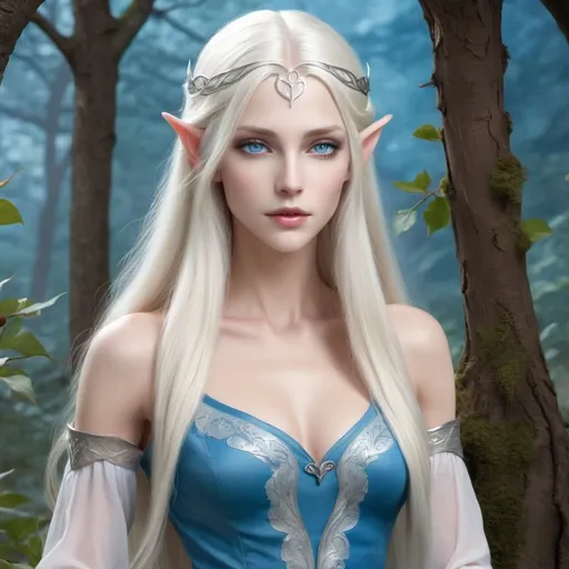 Prompt: She has long, straight platinum blond hair and cerulean blue eyes, she has ethereal beauty. Despite her relatively modest stature at 5 feet 4 inches, her figure is perfection. Has a heart shape face. she is elven