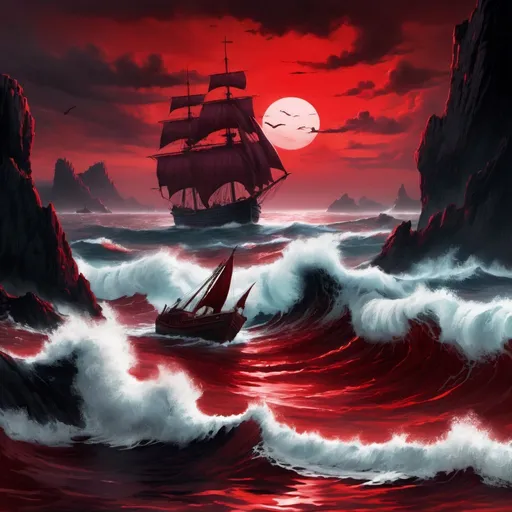 Prompt: The Crimson Tides: A stretch of sea where the waters are tinged with a deep red hue, giving rise to its ominous name. The Crimson Tides are said to be cursed, with ships that enter never returning. Some whisper that the tides are a gateway to the realm of the undead, where vengeful spirits await unsuspecting sailors.

 

