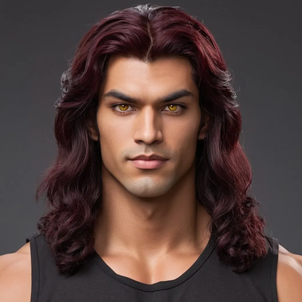 Prompt: Standing at 6 feet 4 inches tall, and has a toned build. He has dark black cherry-red wavey hair, medium length, styled in a half-up, half-down fashion, and has golden yellow eyes. also a round face
