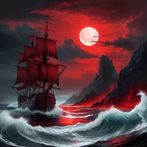 Prompt: The Crimson Tides: A stretch of sea where the waters are tinged with a deep red hue, giving rise to its ominous name. The Crimson Tides are said to be cursed, with ships that enter never returning. Some whisper that the tides are a gateway to the realm of the undead, where vengeful spirits await unsuspecting sailors.

 
