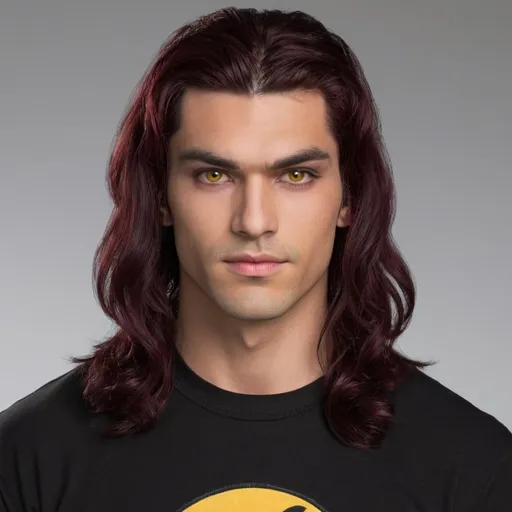 Prompt: Standing at 6 feet 4 inches tall, and has a toned build. He has dark black cherry-red wavey hair, medium length, styled in a half-up, half-down fashion, and has golden yellow eyes. also a round face
