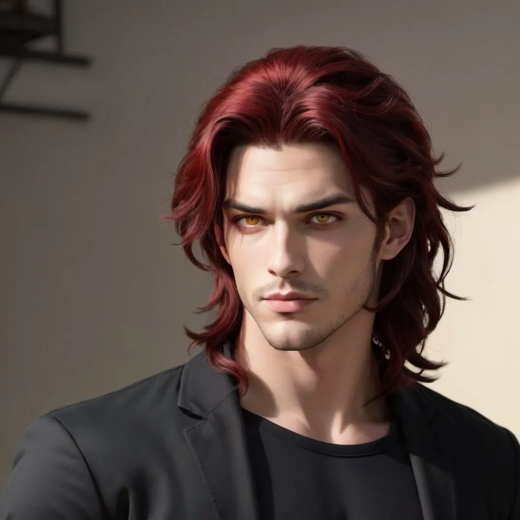 Prompt: Standing at 6 feet 4 inches tall, and has a toned build. He has dark cherry-red wavey hair, medium length, styled in a half-up, half-down fashion, and has golden yellow eyes