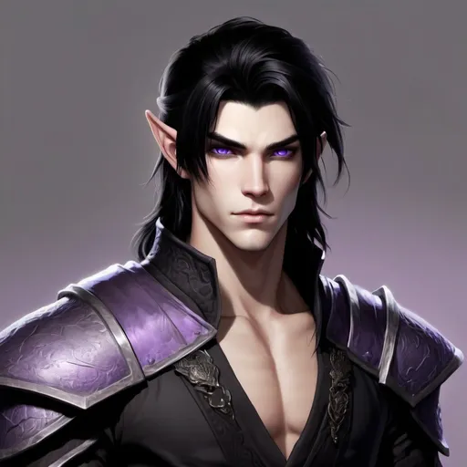 Prompt: Standing at 6 feet 1 inches tall, and has a toned build. He has dark black straight hair, short length, styled, and has violet eyes colors. is a young 20 year old Dragonborn 

