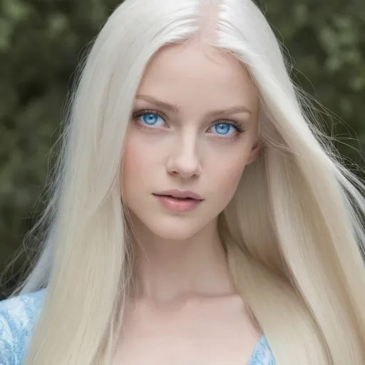 Prompt: She has long, straight platinum blond hair and cerulean blue eyes, she has ethereal beauty. Despite her relatively modest stature at 5 feet 4 inches, her figure is perfection. Has a heart shape face