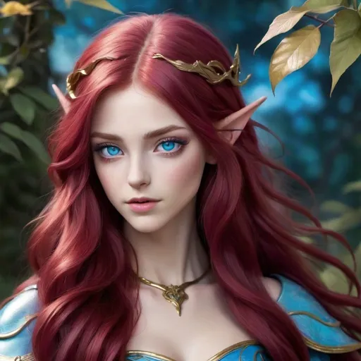 Prompt: She has long Dark Pink Red hair with some waves in it. She has central heterochromia eyes, with the outer iris being Cerulean blue, and the inner iris around the pupils being a gold color. She is 5’5” tall. She has a perfect figure. She has heart shape face and is half-elven

