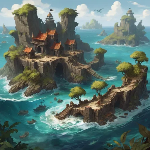 Prompt: The Shattered Isles: A scattered archipelago of rocky islands and treacherous seas. The Shattered Isles are a haven for pirates, smugglers, and other outcasts who make their homes in hidden coves and secret strongholds. Ancient ruins and buried treasure lie beneath the waves, waiting to be discovered by brave adventurers.


 
