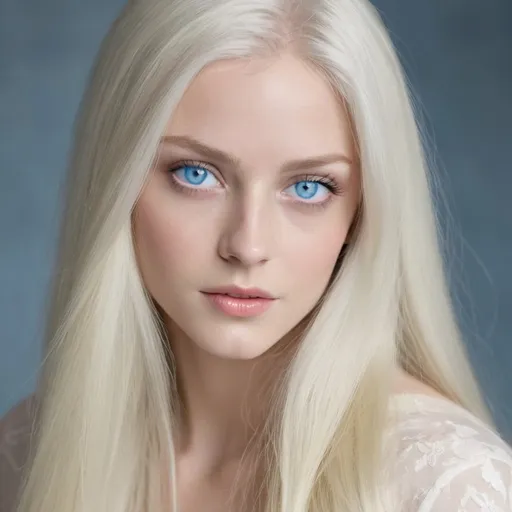 Prompt: She has long, straight platinum blond hair and cerulean blue eyes, she has ethereal beauty. Despite her relatively modest stature at 5 feet 4 inches, her figure is perfection. Has a heart shape face