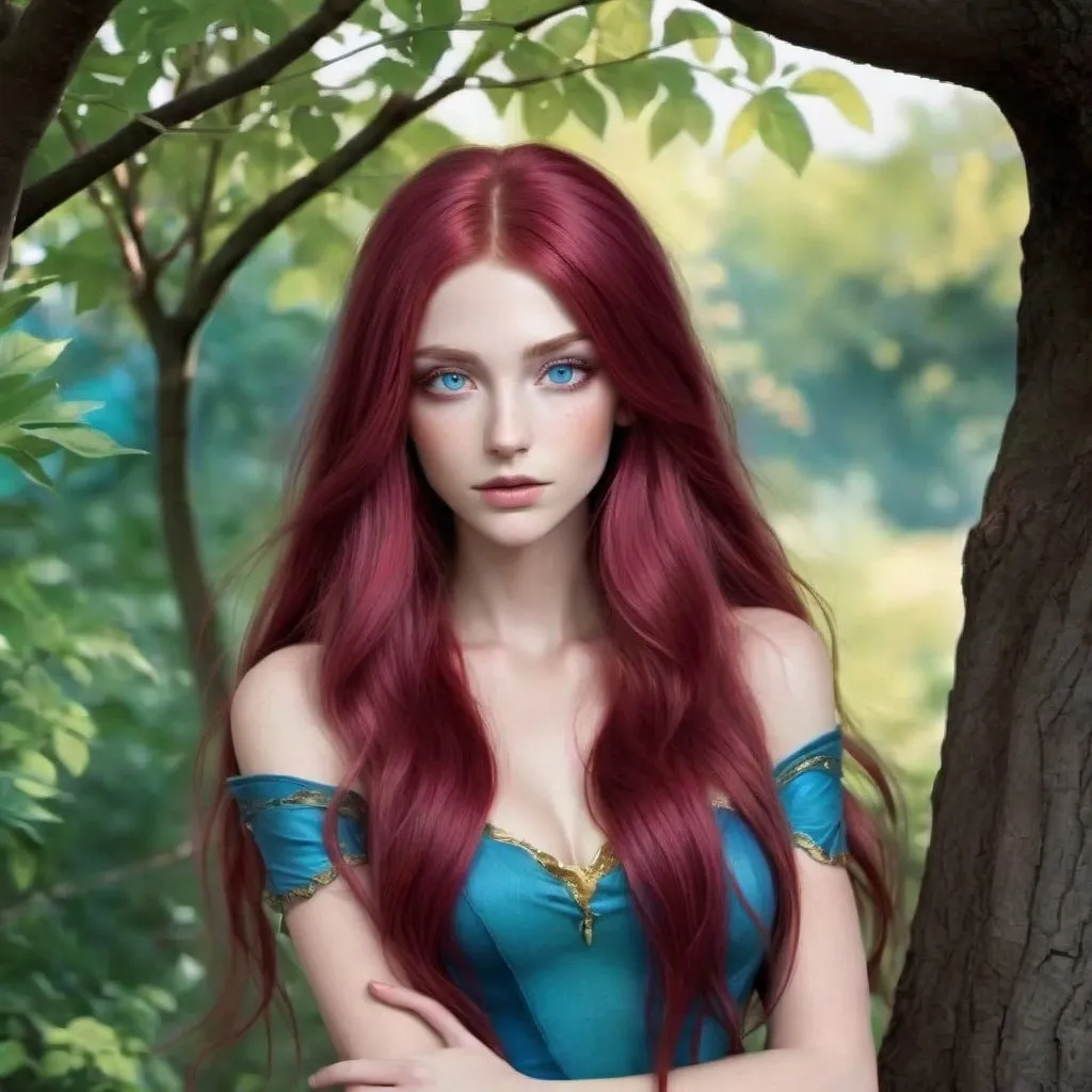 Prompt: She has long Dark Pink Red hair with some waves in it. She has central heterochromia eyes, with the outer iris being Cerulean blue, and the inner iris around the pupils being a gold color. She is 5’5” tall. She has a perfect figure. She has heart shape face and is half-elven
