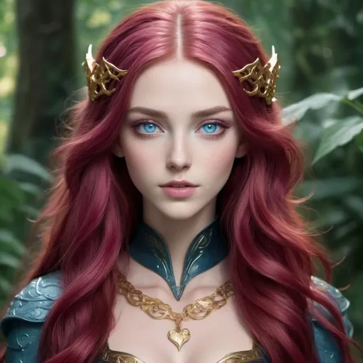 Prompt: She has long Dark Pink Red hair with some waves in it. She has central heterochromia eyes, with the outer iris being Cerulean blue, and the inner iris around the pupils being a gold color. She is 5’5” tall. She has a perfect figure. She has heart shaped face and is half-elven

