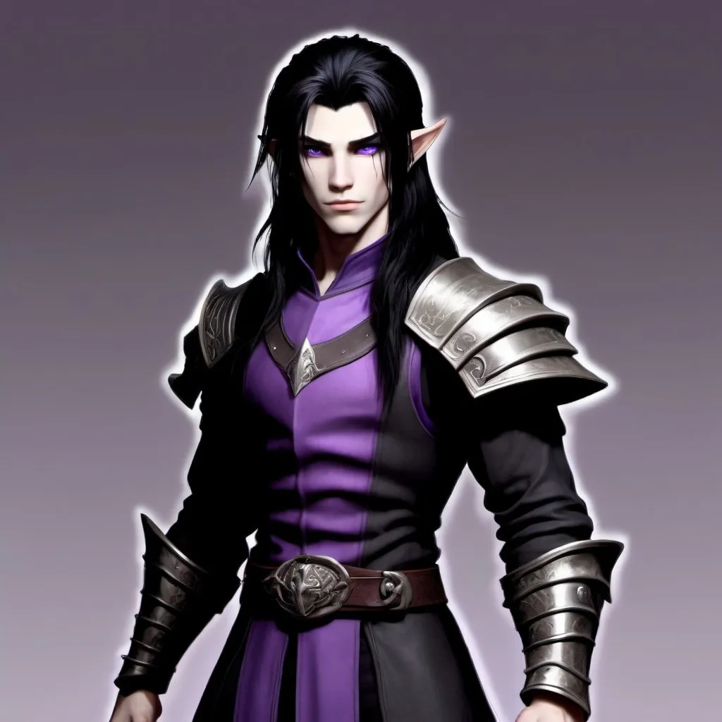 Prompt: Standing at 6 feet 1 inches tall, and has a toned build. He has dark black straight hair, short length, styled, and has violet eyes colors. is a young Dragonborn 
