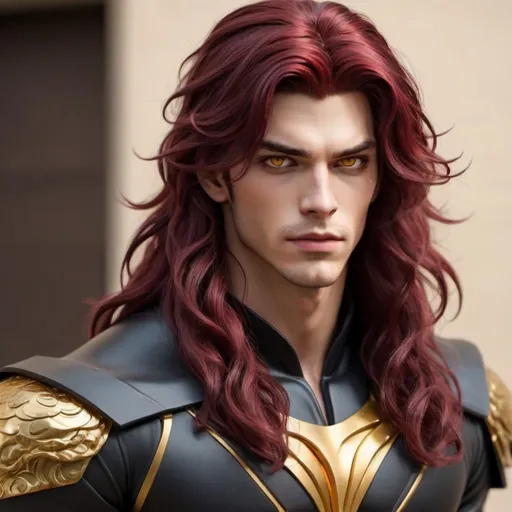 Prompt: Standing at 6 feet 4 inches tall, and has a toned build. He has dark cherry-red wavey hair, medium length, styled in a half-up, half-down fashion, and has golden yellow eyes