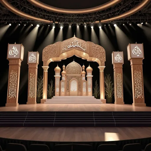 Prompt: Event stage with 3D decorations, Arabic letters theme, middle screen, ornate choral group, high quality, 3D rendering, ornate decorations, cultural theme, detailed stage design, professional lighting, elaborate 3D designs, grand atmosphere, cultural ambiance, stage screens, choral performance, event ambiance 