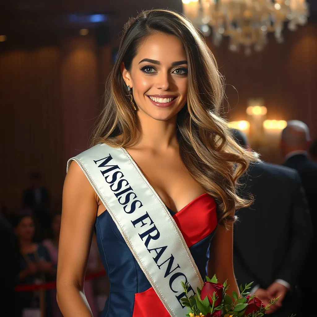 Prompt: A beautiful young woman” : Pour décrire l’apparence générale.

• “Representing Miss France” : Pour bien préciser que c’est une Miss France.

• “Wearing an elegant evening gown with the colors of the French flag” : Pour spécifier la robe et les couleurs de la France.

• “Sash that says ‘Miss France’” : L’écharpe avec le nom de Miss France.

• “Long, flowing hair, confident smile” : Détails sur les cheveux et le sourire.

• “Glamorous event with soft lighting” : Ambiance chic et élégante.







