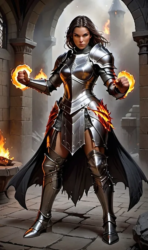 Prompt: full figure d&d sensual lady knight, powerfull fire fists, steel armor,  hight details, realistic, 3d effect