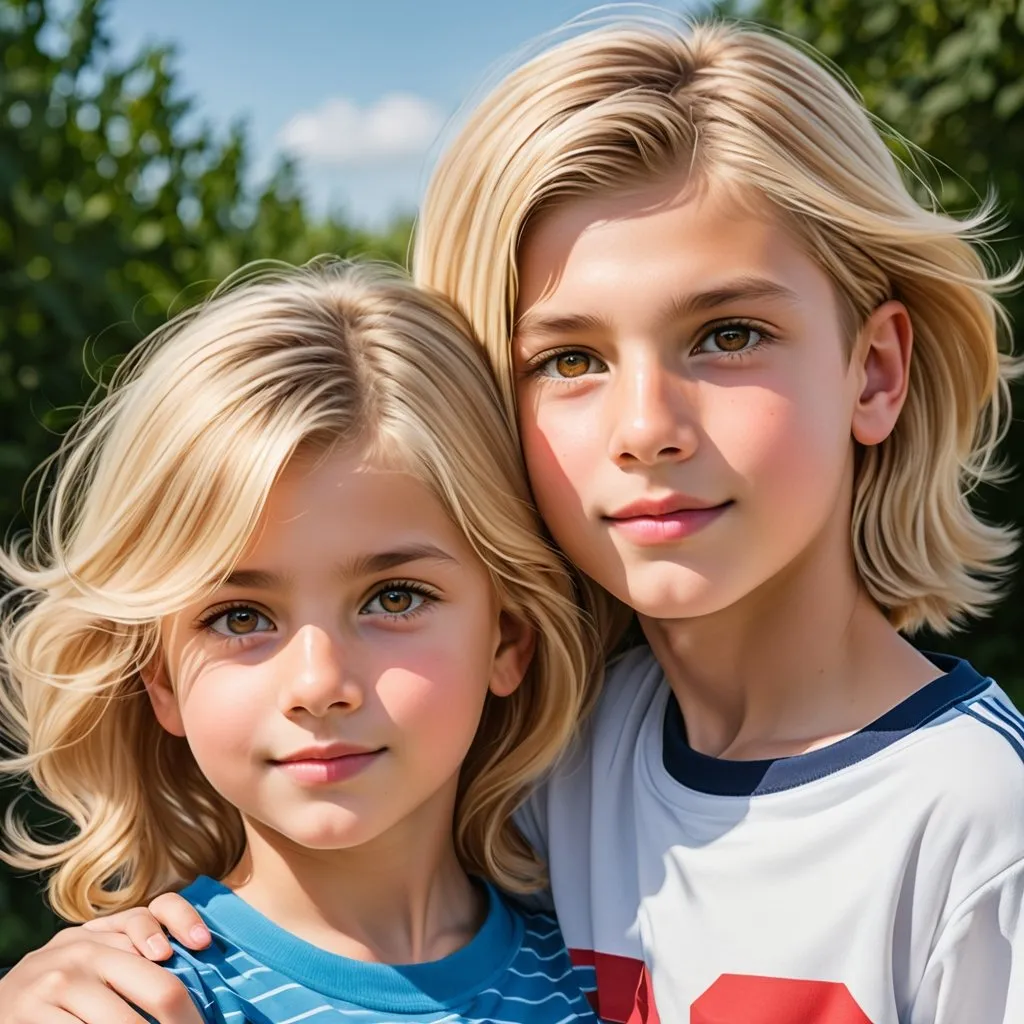 Prompt: a pair of 10-year-old twins; a boy and a girl. The boy has short blonde hair and deep brown eyes. The girl has long blonde hair and light brown eyes.