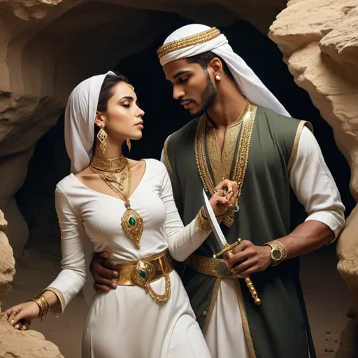 Prompt: handsome muslim prince wearing 2 gold necklaces and earrings, stabbing a muslim maiden outside a cave using a dagger. Dream Aesthetic. 
