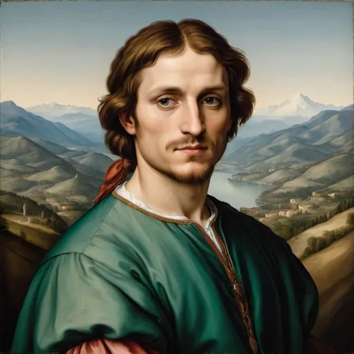 Prompt: "A painted portrait of a man in the style of Italian Renaissance painter Raphael with mountains in the background.