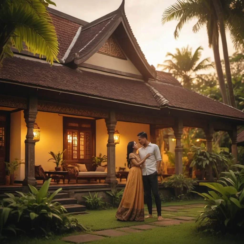 Prompt: a happy couple enjoying each other company in the afternoon, in a traditional Javanese house, lit with twilight from golden sunset 