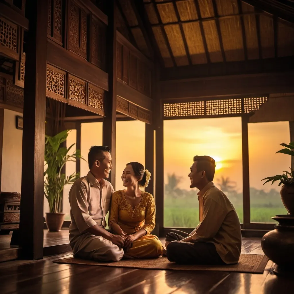 Prompt: a happy couple enjoying each other company in the afternoon, in a traditional Javanese house, lit with twilight from golden sunset 