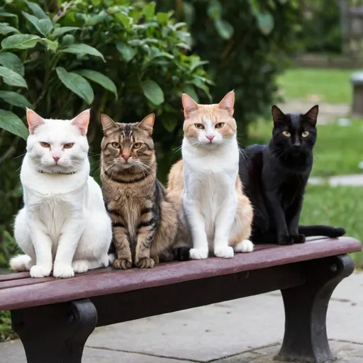 Prompt: a cat sitting on the bench with 5 other cats