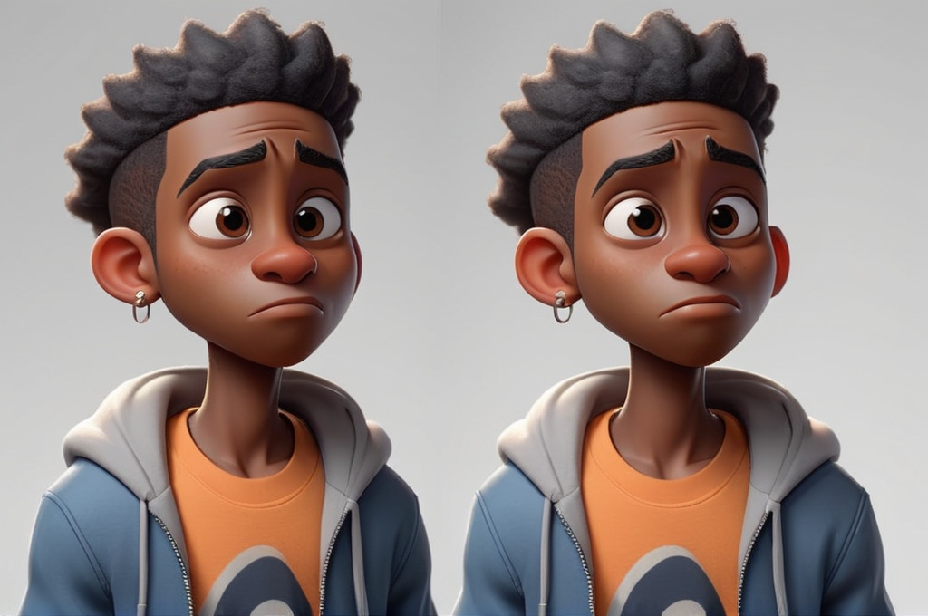 Prompt: Young black guy, street rapper, cool, side and front view, full body, turnaround, character sheet, high-quality rendering, zbrush sculpting, pixar style, detailed facial features, emotions by default, pose-T, urban setting, street fashion, professional rendering, white hair 