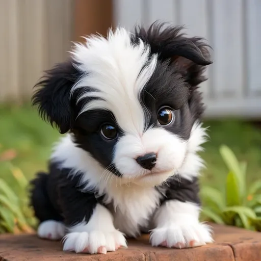 Prompt: Black and white furry puppy