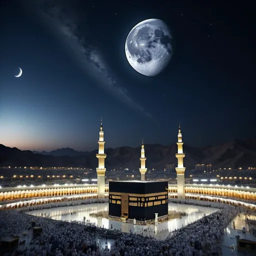 Prompt: photorealistic image of the (moon) in Makkah, stunning night sky, detailed lunar surface, vivid contrasts of light and shadow, rich dark blue tones, tranquil ambiance, silhouette of the Kaaba beneath the moonlight, serene atmosphere, vast desert landscape, high clarity, 4K resolution, captivating celestial view, awe-inspiring spirituality.