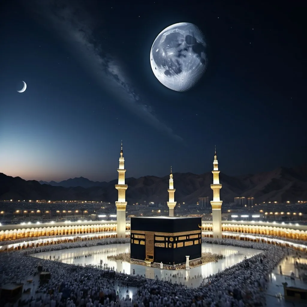 Prompt: photorealistic image of the (moon) in Makkah, stunning night sky, detailed lunar surface, vivid contrasts of light and shadow, rich dark blue tones, tranquil ambiance, silhouette of the Kaaba beneath the moonlight, serene atmosphere, vast desert landscape, high clarity, 4K resolution, captivating celestial view, awe-inspiring spirituality.