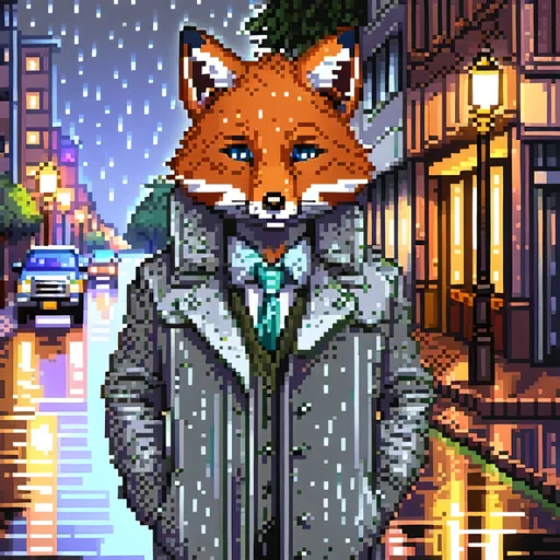 Prompt: solo, male, furry, fox, city location, gray coat, portrait, rain, night