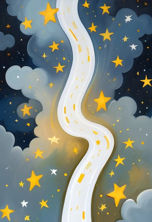 Prompt: a painting of a white road with stars on it and a sky background with stars in the sky and a white road with yellow stars on it, Derf, context art, storybook illustration, a storybook illustration