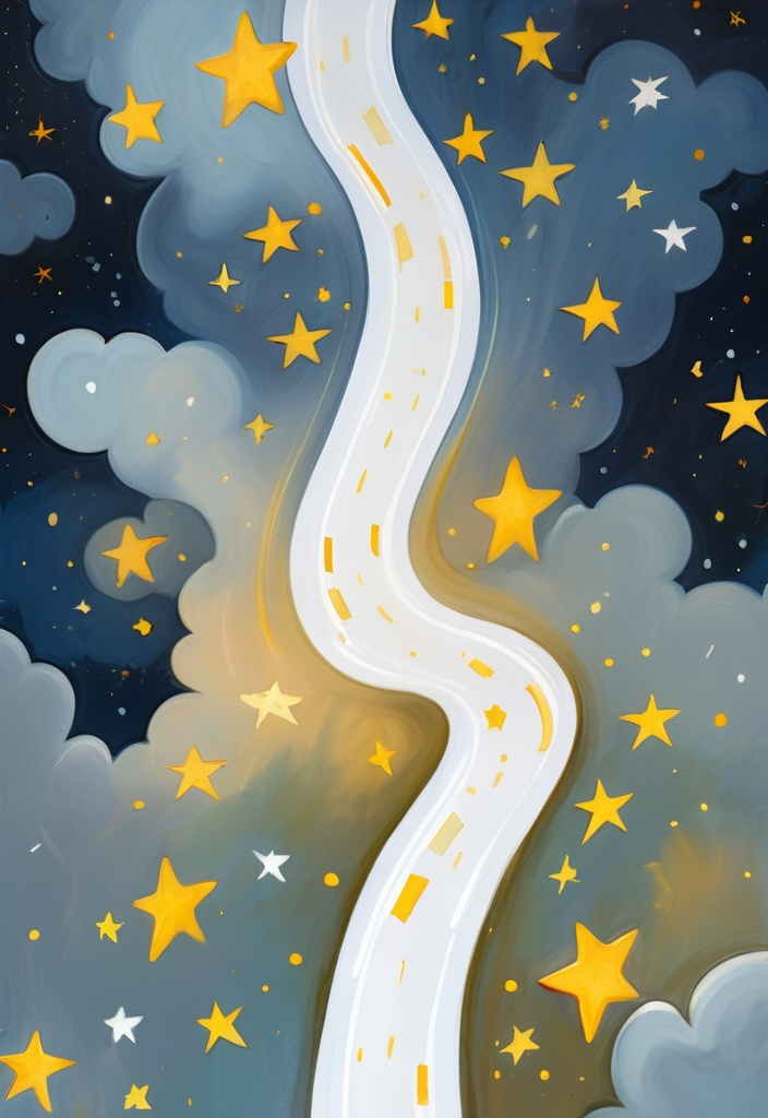 Prompt: a painting of a white road with stars on it and a sky background with stars in the sky and a white road with yellow stars on it, Derf, context art, storybook illustration, a storybook illustration