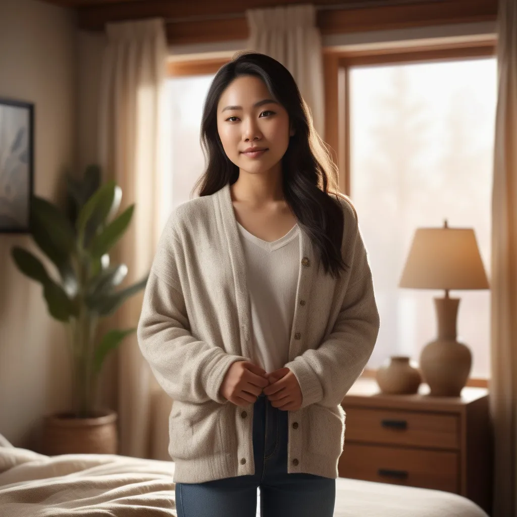 Prompt:  young asian American woman standing welcoming in a bedroom, detailed clothing, realistic, natural lighting