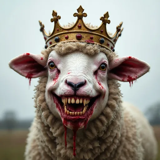 Prompt: A bloody sheep, wearing a crown, smiling evilly, bloody, realistic, horror, evil, smiling sheep, one sheep