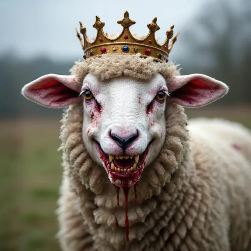 Prompt: A bloody sheep, wearing a crown, smiling evilly, bloody, realistic, horror, evil, smiling sheep, one sheep