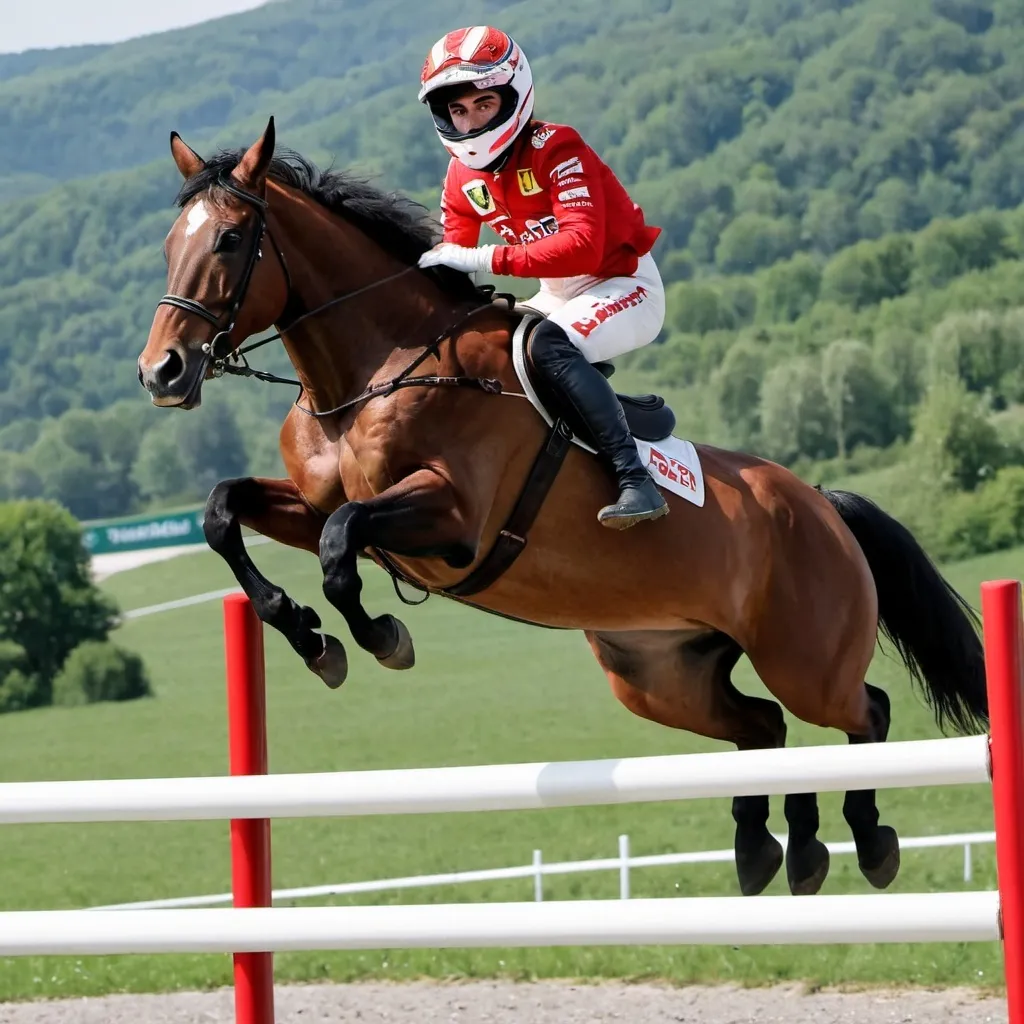 Prompt: Charles leclerc jumping with a horse