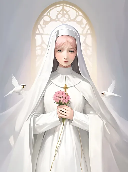 Prompt: Mother Mary white birds background beautiful flowers with the pink color with the childrens Mother Mary praying