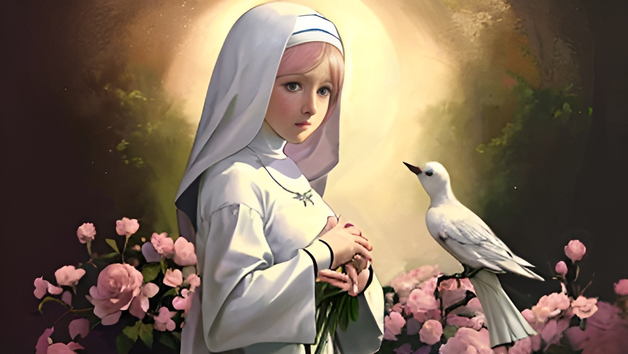 Prompt: Mother Mary white birds background beautiful flowers with the pink color