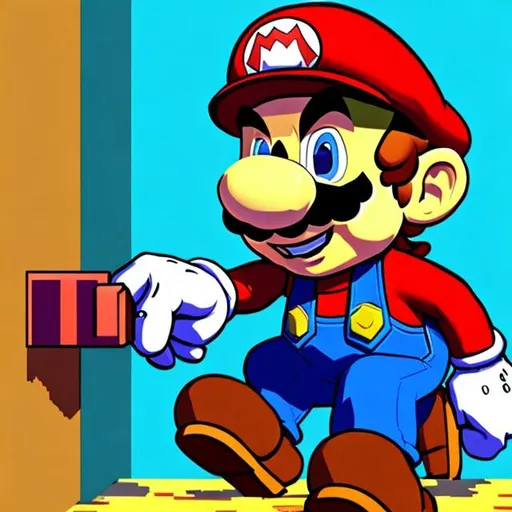 Prompt: Cartoon illustration of Mario peeing on a wall, vibrant colors, comical style, exaggerated posture, pixel art, blocky environment, humorous expression, high-quality pixel art, comical, vibrant colors, exaggerated posture, cartoon, pixel art, humorous expression, blocky environment