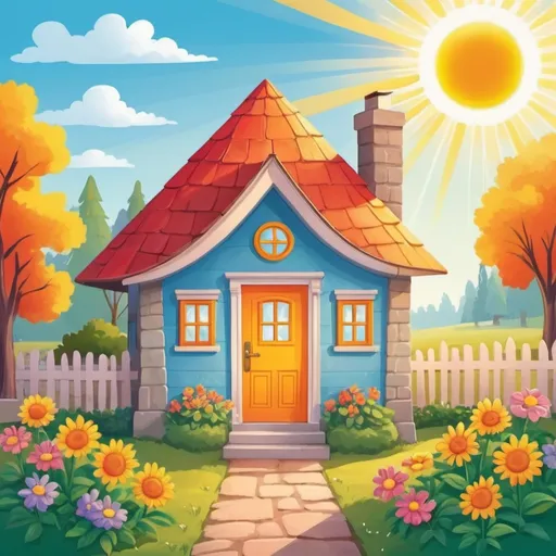 Prompt:  A colorful and inviting cozy house with An open door and the sun shining above. Illustration for children.