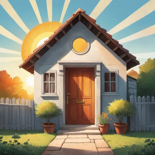 Prompt:  A house with An open door and the sun shining above. Illustration for a picture book. Similar style to the ones you previously created 