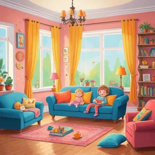 Prompt: In the living room, cozy and bright,
A big, comfy sofa welcomes you with delight! colorful illustration for children