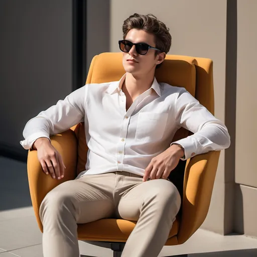 Prompt: Relaxing under a warm sun, a young man sits comfortably in a chair, exuding an air of casual confidence. He wears sunglasses that reflect the light, paired with a simple, light-colored long-sleeve shirt and dark pants, creating a stylish yet understated look. His posture is relaxed, one leg crossed over the other, and his hand rests casually on his knee while he enjoys music through wireless earbuds. The backdrop is softly blurred, hinting at a natural outdoor setting, which combines a warm color palette that complements his relaxed demeanor, conveying a vibe of serene enjoyment.