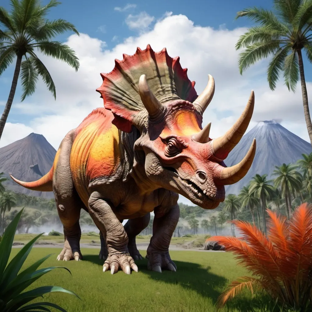 Prompt: Fantasy triceratops grazing with vulcano and palm trees on the back ground
