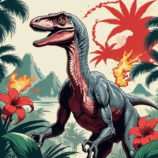 Prompt: Velociraptor in tropical setting with spitting vulcano drawn in a chinese communist poster style