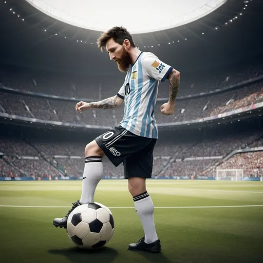 Prompt: Please create a 3d image of a real professional soccer player kicking a piece of trash into the dustbin. Make the clothes he’s wearing an Argentinian shirt with Nike on it and the back of his shirt has the number 10 with the name Messi on it.The soccer player has a brown beard and hair. Put the 8 Ballondors behind him and the World Cup Add a short qoute by Nike that says just do it.