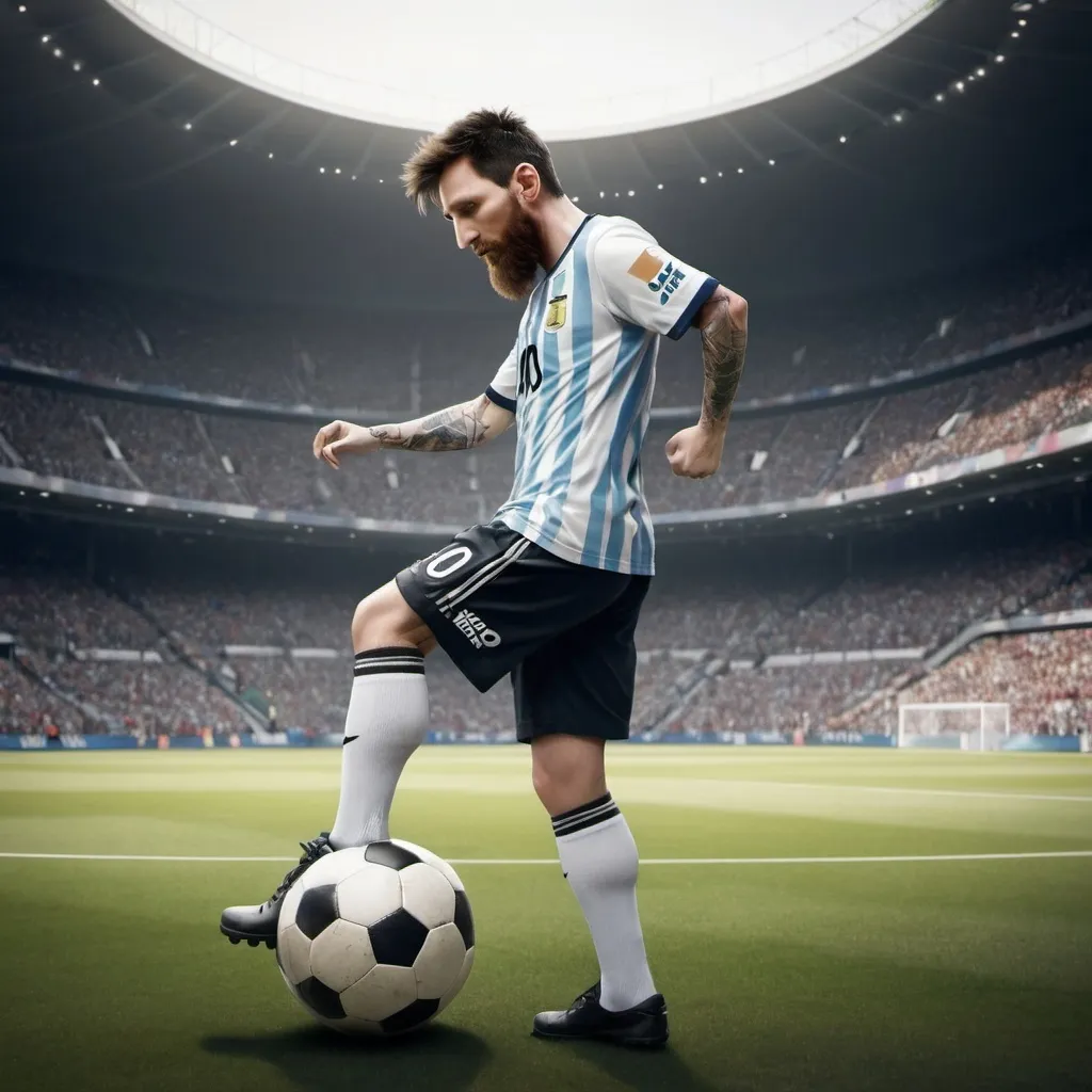 Prompt: Please create a 3d image of a real professional soccer player kicking a piece of trash into the dustbin. Make the clothes he’s wearing an Argentinian shirt with Nike on it and the back of his shirt has the number 10 with the name Messi on it.The soccer player has a brown beard and hair. Put the 8 Ballondors behind him and the World Cup Add a short qoute by Nike that says just do it.